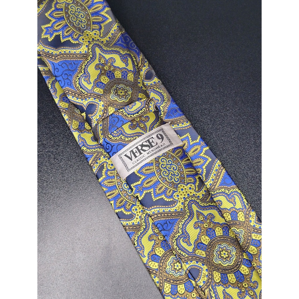 Verse 9 Necktie Blue Yellow Brown Paisley Medallion 100% Silk